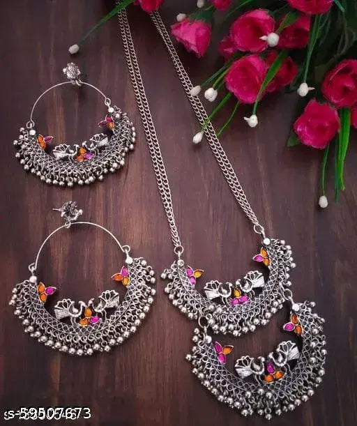 Tehzeeb Creations Women's Silver Colour Oxidised Necklace And Earrings With Peacock Design - Distacart