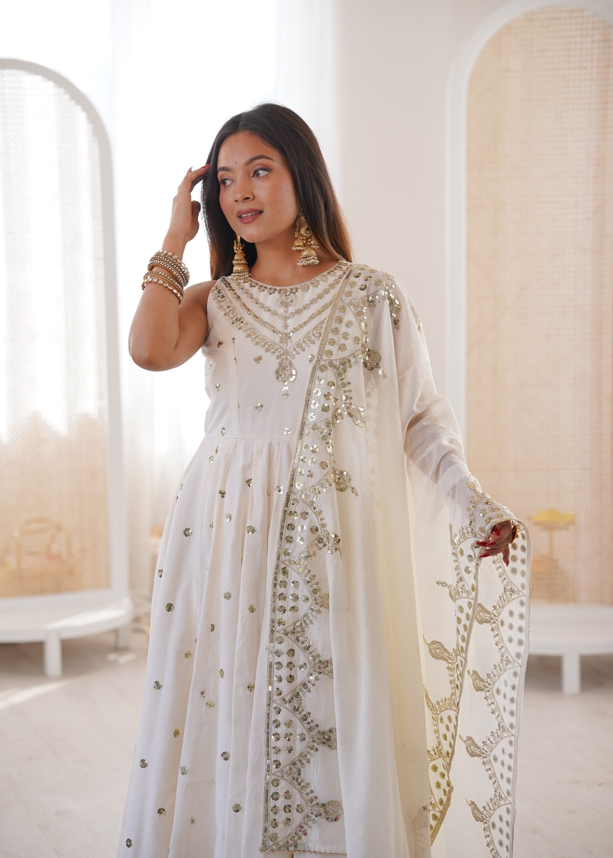 Anaita White Silk Readymade Anarkali Suit with Embroidery & Sequence Work - Dista