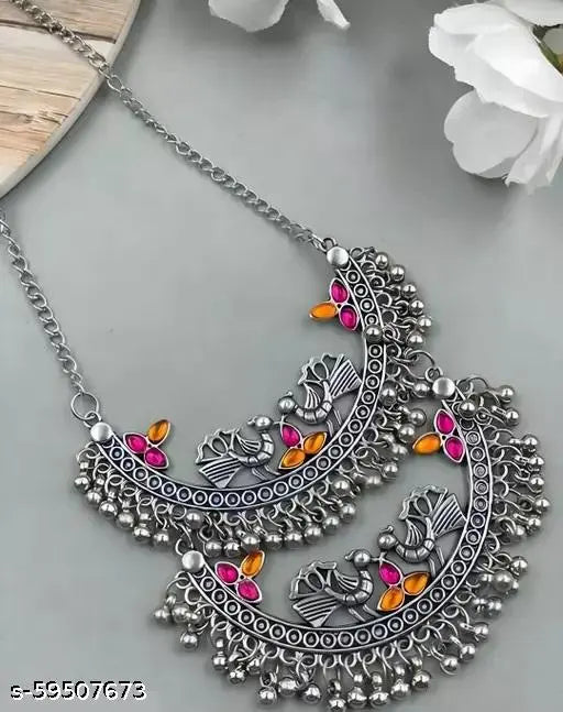 Tehzeeb Creations Women's Silver Colour Oxidised Necklace And Earrings With Peacock Design - Distacart
