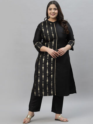 Sztori Plus Size Ethnic Motifs Printed Mandarin Collar Straight Kurta with Trousers