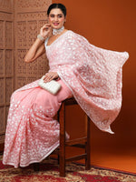 Thumbnail for Anouk Pink & White Floral Embroidered Organza Saree - Distacart