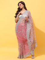 Thumbnail for kasee Pink & Silver-Toned Floral Embroidered Net Heavy Work Saree - Distacart