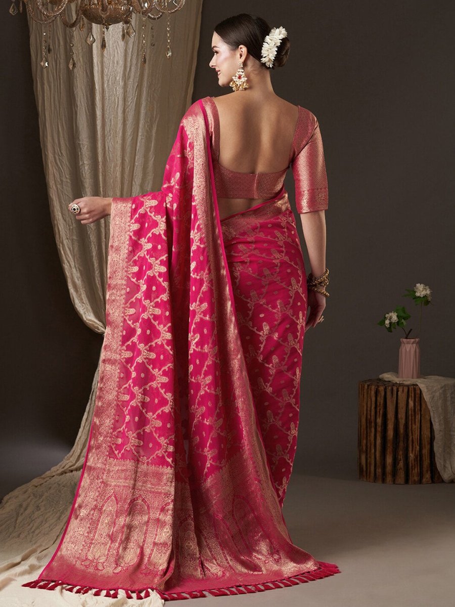 Anouk Pink & Gold-Toned Woven Design Zari Pure Georgette Kanjeevaram Saree - Distacart