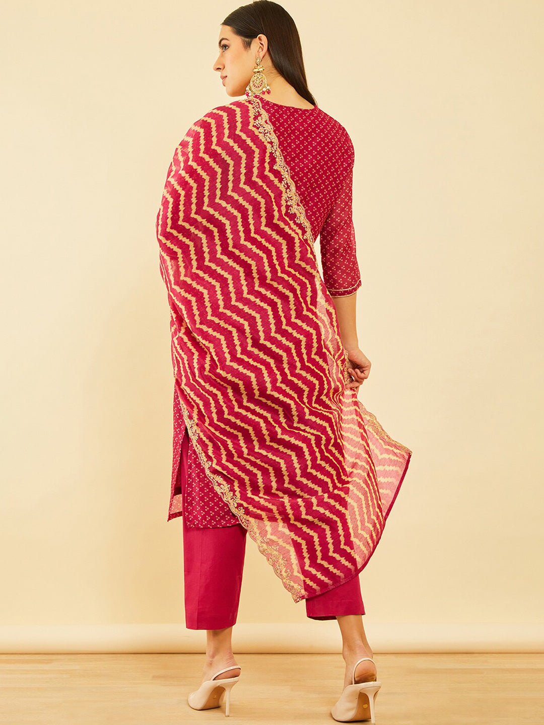 Soch Bandhani Printed Sequinned Chanderi Silk Kurta & Trousers With Dupatta - Distacart