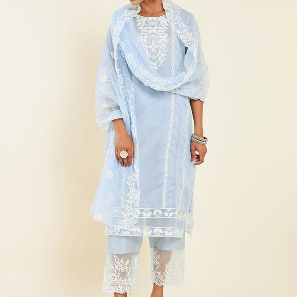 Soch Blue & White Floral Embroidered Chanderi Silk Kurta With Trousers & Dupatta - Distacart