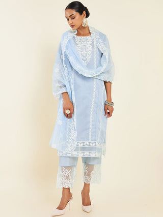 Soch Blue & White Floral Embroidered Chanderi Silk Kurta With Trousers & Dupatta - Distacart