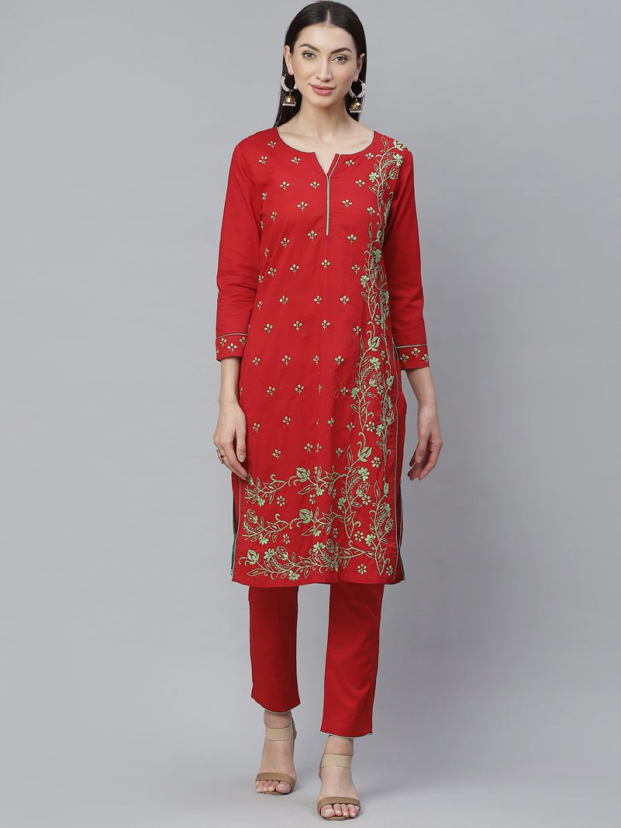 ADA Women Red & Green Chikankari Hand Embroidered Sustainable Handloom Kurta with Trousers - Distacart