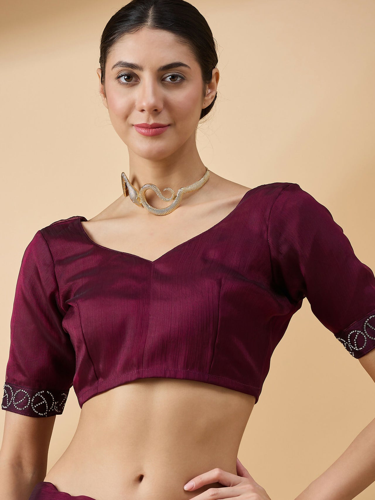 Purple Embellished Organza Saree With Unstitched Blouse Piece
