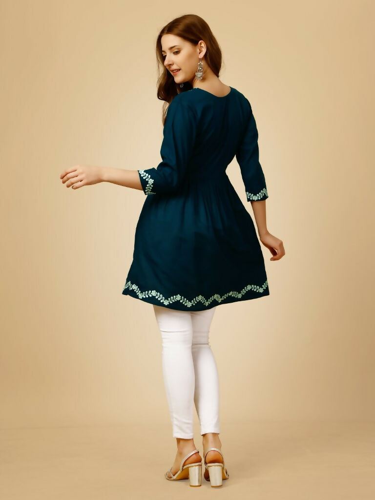 Jyoti Fashion Women's Blue Viscose Rayon Embroidered Casual Top - Distacart