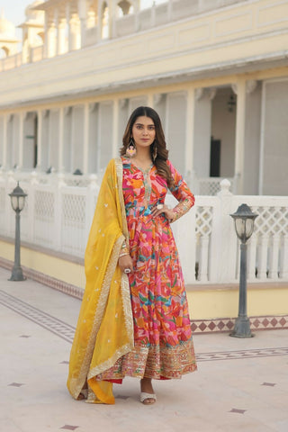 Jyoti Fashion Women's Pink Russian Silk Sequins Zari Embroideredy Anarkali Dress with Dupatta - Distacart