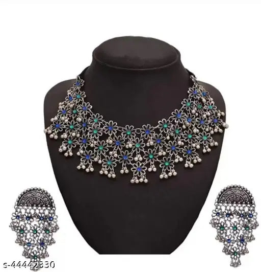Tehzeeb Creations Women's Silver Colour Oxidised Necklace And Earring With Multi Beads - Distacart