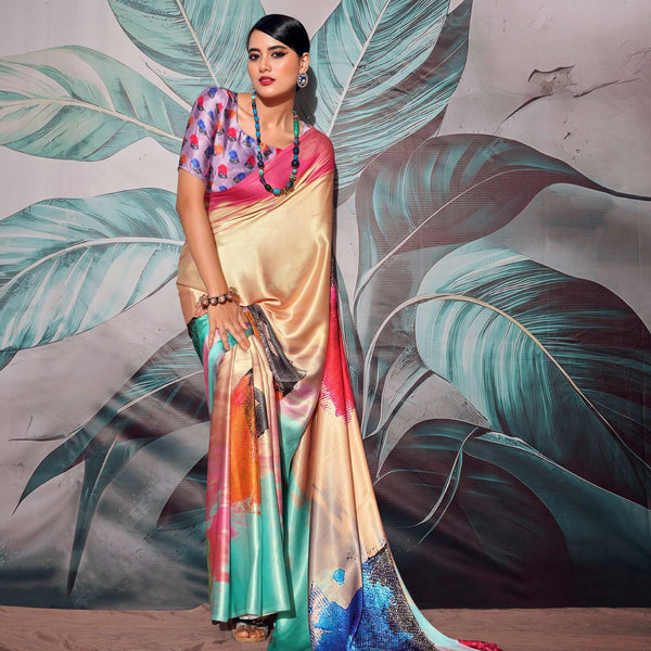 Anaita Cream Pure Satin Silk With Zari Weaving Saree With Blouse - Distacart