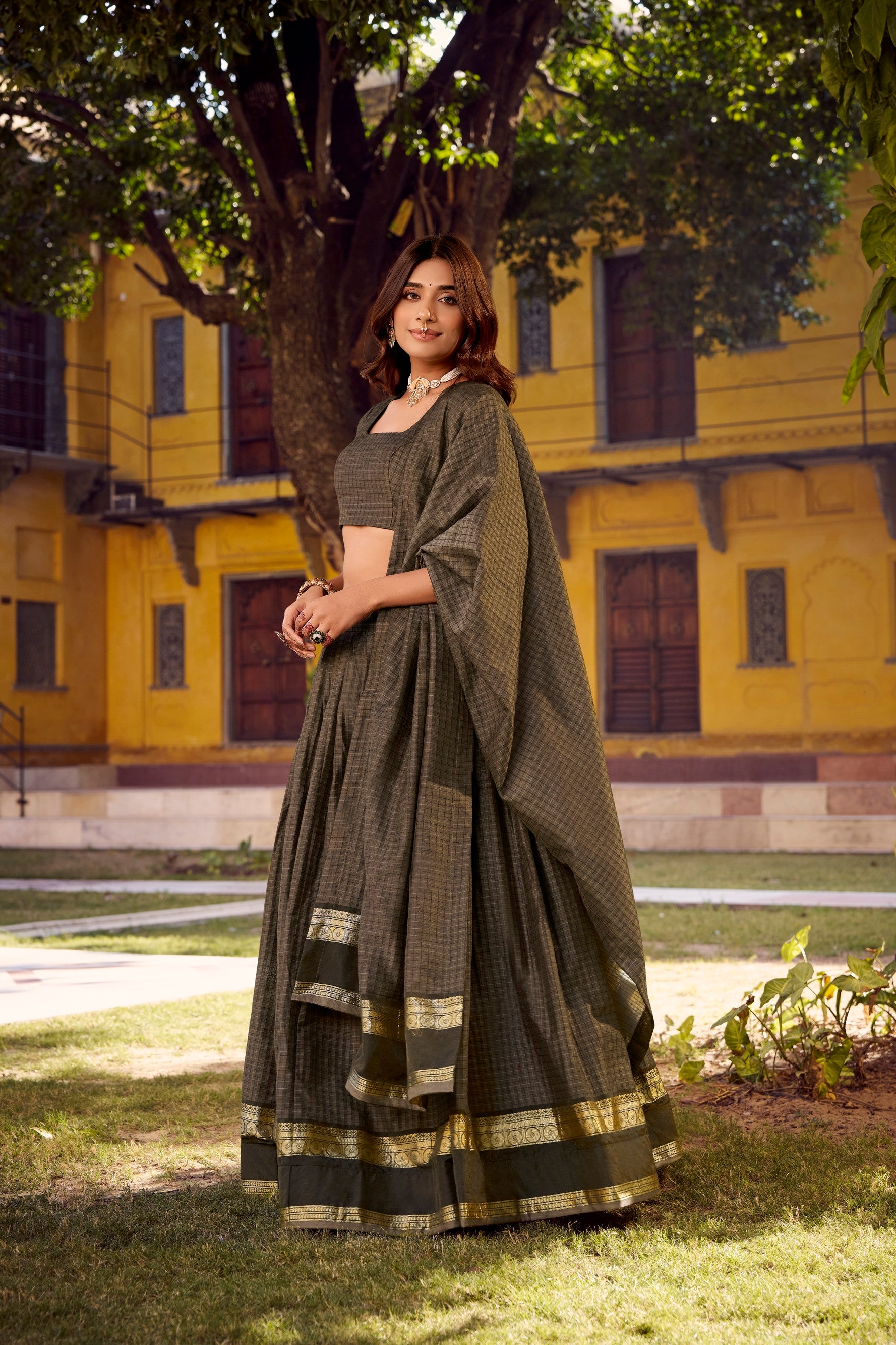 Lorenvalley Fashion Grey Chettinad Cotton Chex with Zari Weaving Work Lehenga Choli with Dupatta - Distacart