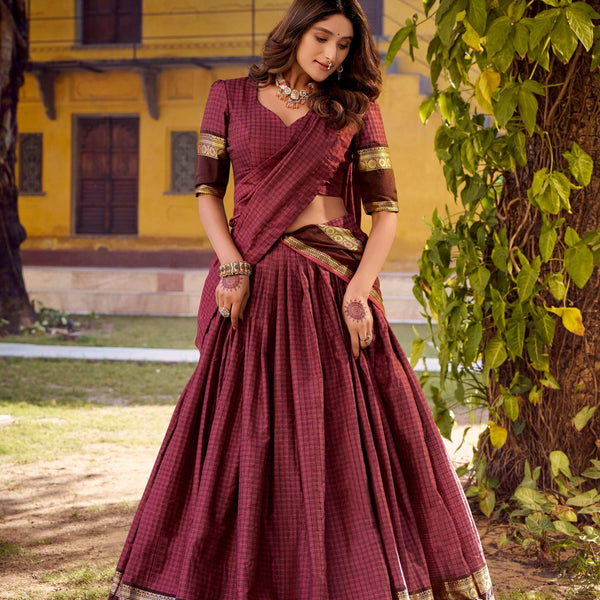 Evanik Burgundy Cotton With Chex Zari Weaving Lehenga Choli - Distacart
