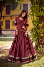 Thumbnail for Evanik Burgundy Cotton With Chex Zari Weaving Lehenga Choli - Distacart