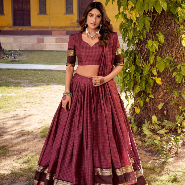 Lorenvalley Fashion Rust Chettinad Cotton Chex with Zari Weaving Work Lehenga Choli with Dupatta