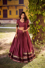 Thumbnail for Lorenvalley Fashion Rust Chettinad Cotton Chex with Zari Weaving Work Lehenga Choli with Dupatta