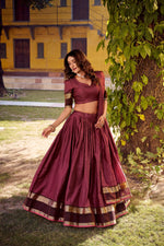 Thumbnail for Lorenvalley Fashion Rust Chettinad Cotton Chex with Zari Weaving Work Lehenga Choli with Dupatta