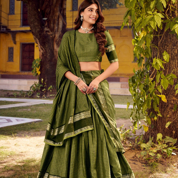 Lorenvalley Fashion Mehendi Chettinad Cotton Chex with Zari Weaving Work Lehenga Choli with Dupatta