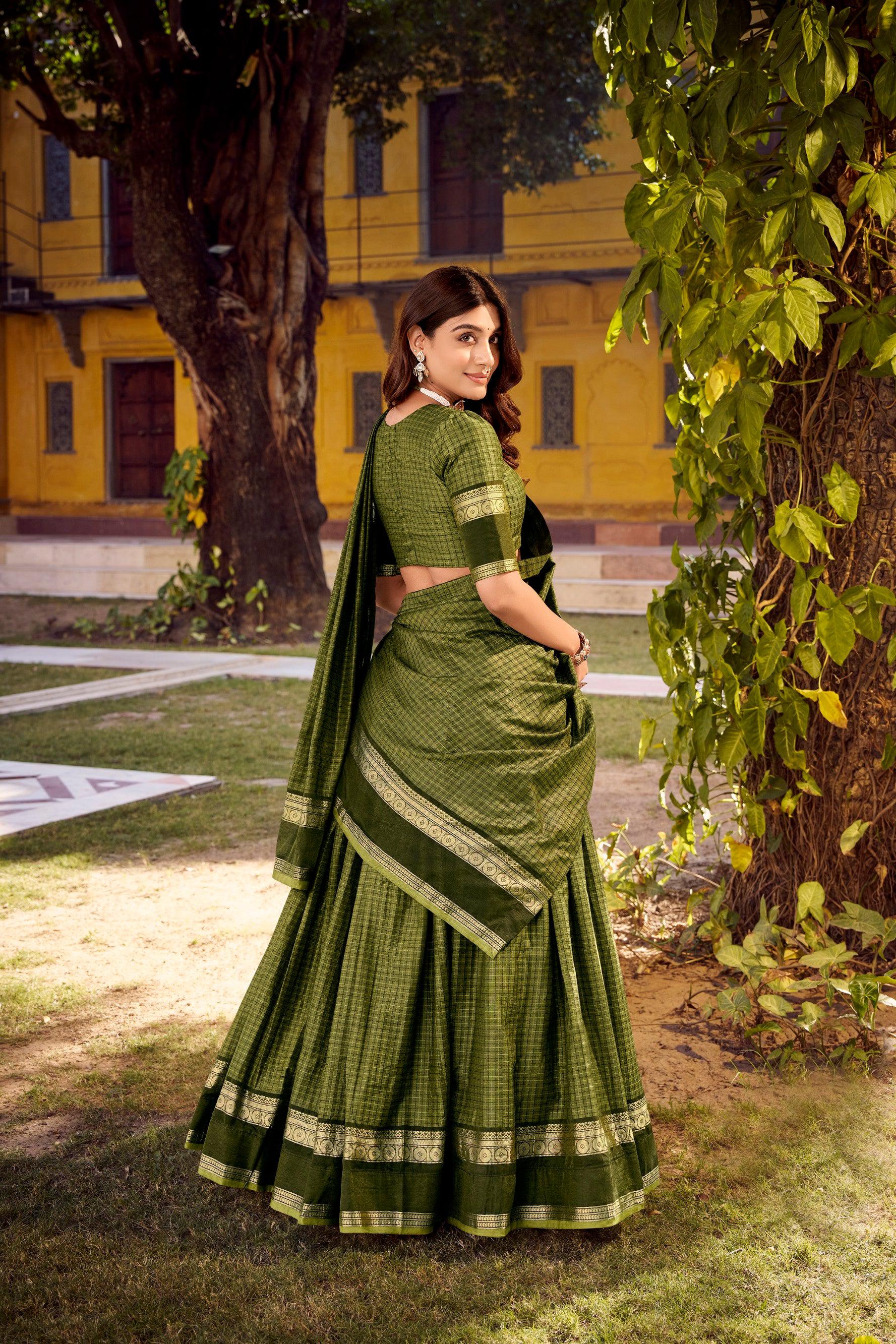 Lorenvalley Fashion Mehendi Chettinad Cotton Chex with Zari Weaving Work Lehenga Choli with Dupatta - Distacart