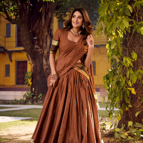 Lorenvalley Fashion Brown Chettinad Cotton Chex with Zari Weaving Work Lehenga Choli with Dupatta