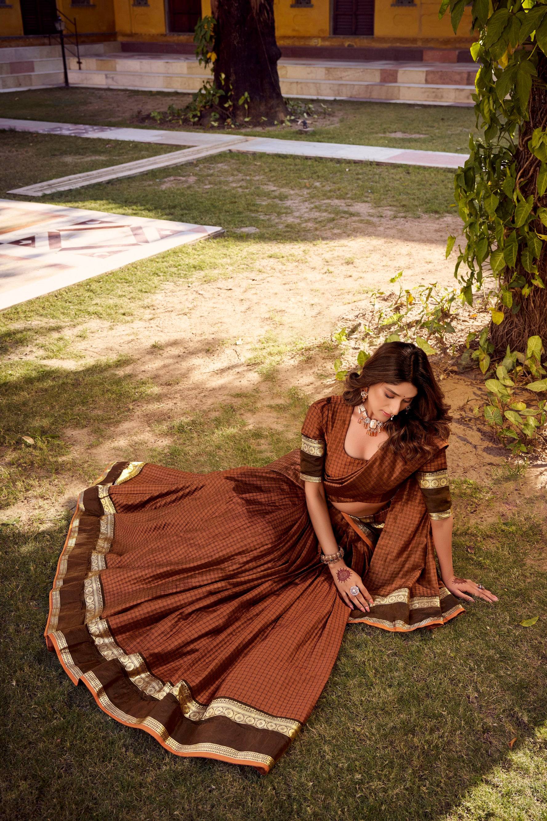 Lorenvalley Fashion Brown Chettinad Cotton Chex with Zari Weaving Work Lehenga Choli with Dupatta - Distacart