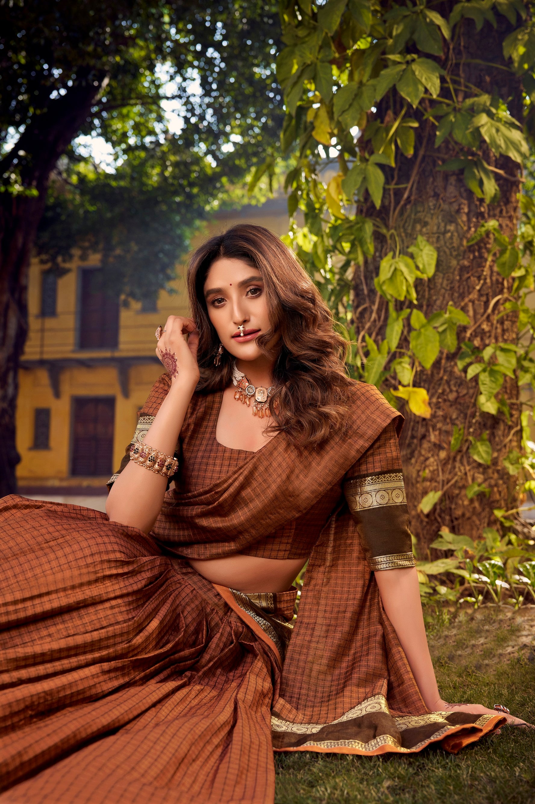 Lorenvalley Fashion Brown Chettinad Cotton Chex with Zari Weaving Work Lehenga Choli with Dupatta