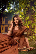 Thumbnail for Lorenvalley Fashion Brown Chettinad Cotton Chex with Zari Weaving Work Lehenga Choli with Dupatta