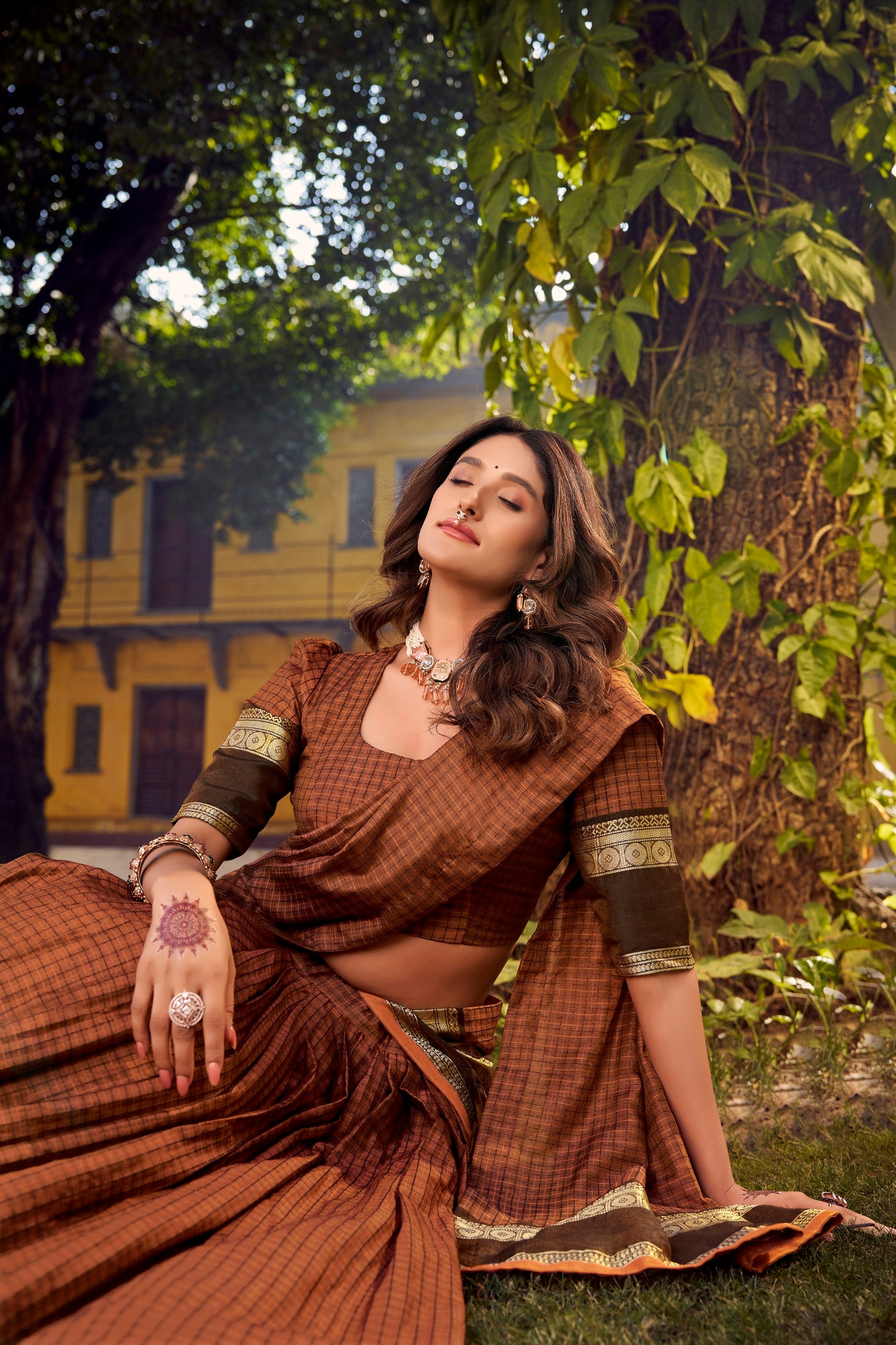 Lorenvalley Fashion Brown Chettinad Cotton Chex with Zari Weaving Work Lehenga Choli with Dupatta