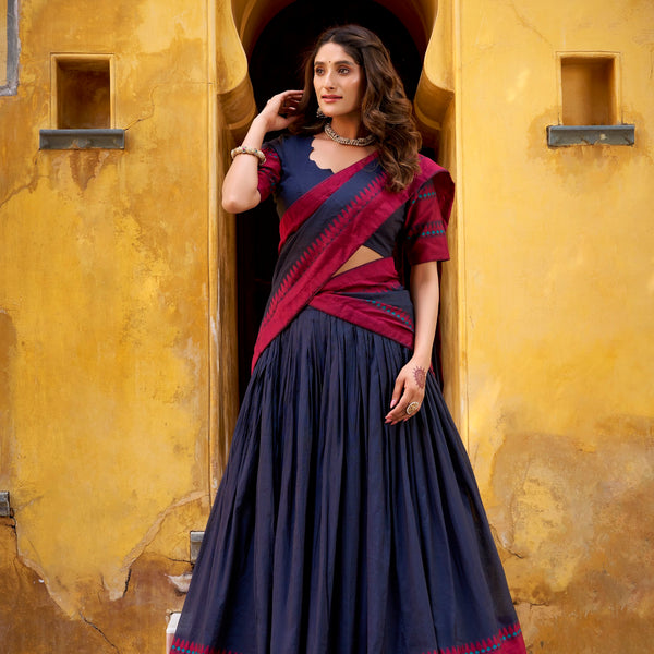 Lorenvalley Fashion Navy Blue Pure Chanderi Thread Work Lehenga Choli with Dupatta