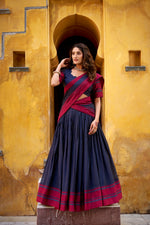 Thumbnail for Lorenvalley Fashion Navy Blue Pure Chanderi Thread Work Lehenga Choli with Dupatta