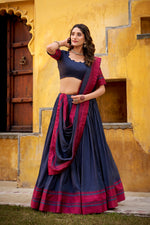 Thumbnail for Lorenvalley Fashion Navy Blue Pure Chanderi Thread Work Lehenga Choli with Dupatta