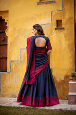 Thumbnail for Lorenvalley Fashion Navy Blue Pure Chanderi Thread Work Lehenga Choli with Dupatta