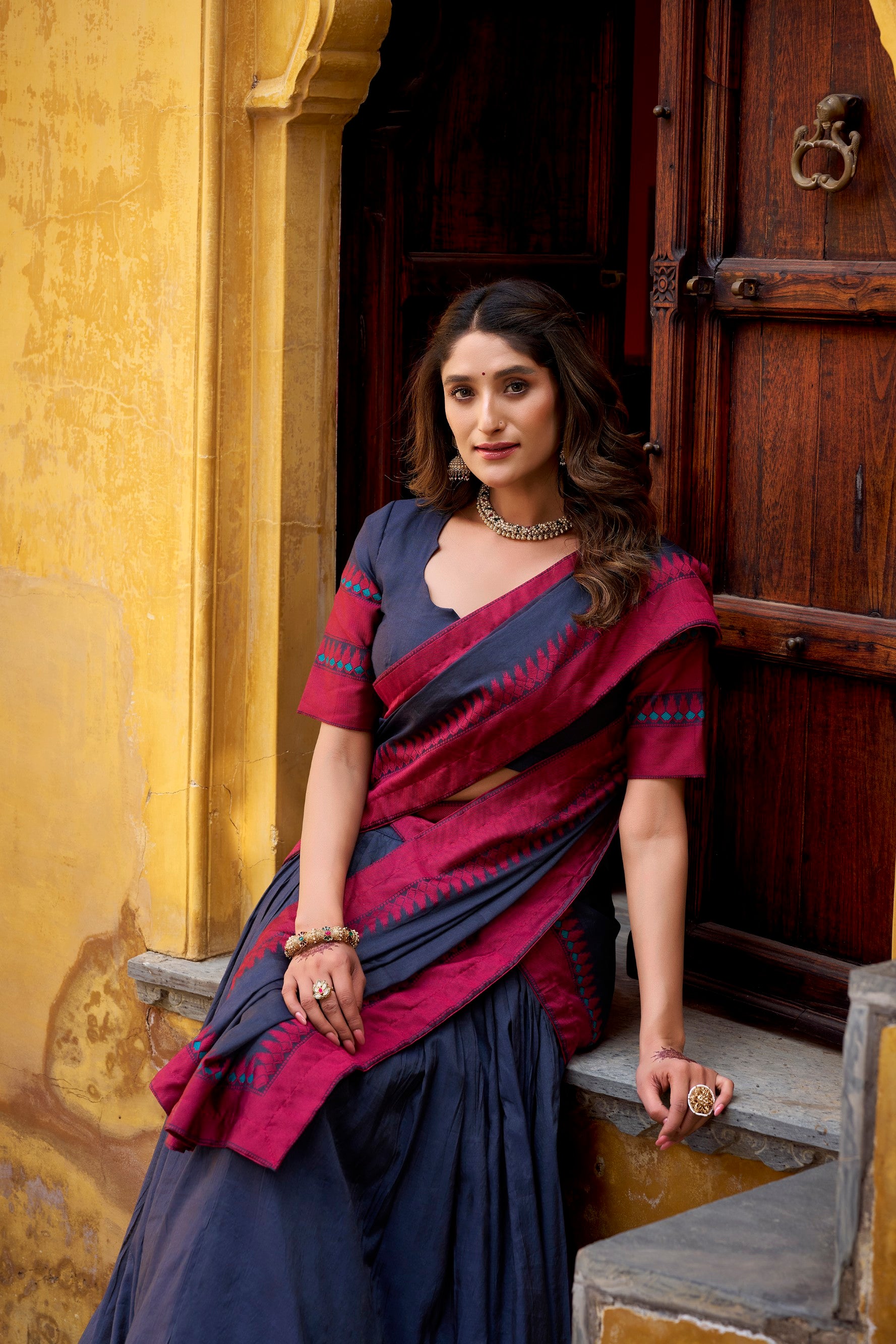 Lorenvalley Fashion Navy Blue Pure Chanderi Thread Work Lehenga Choli with Dupatta