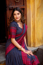 Thumbnail for Lorenvalley Fashion Navy Blue Pure Chanderi Thread Work Lehenga Choli with Dupatta