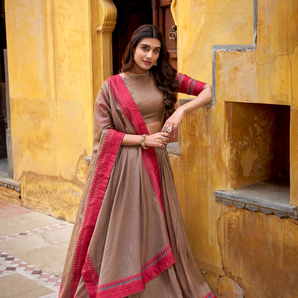 Lorenvalley Fashion Chiku Pure Chanderi Thread Work Lehenga Choli with Dupatta