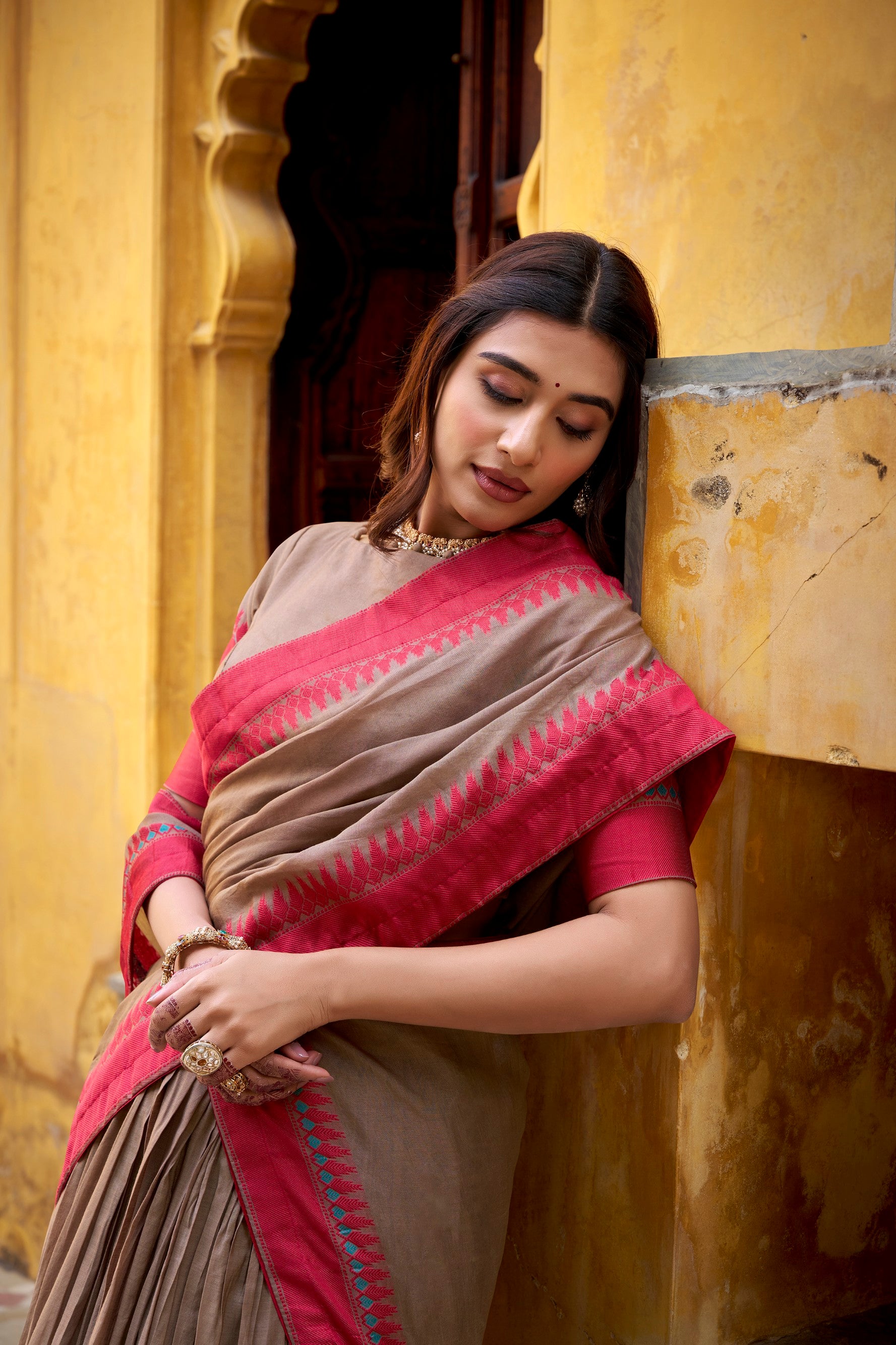 Lorenvalley Fashion Chiku Pure Chanderi Thread Work Lehenga Choli with Dupatta