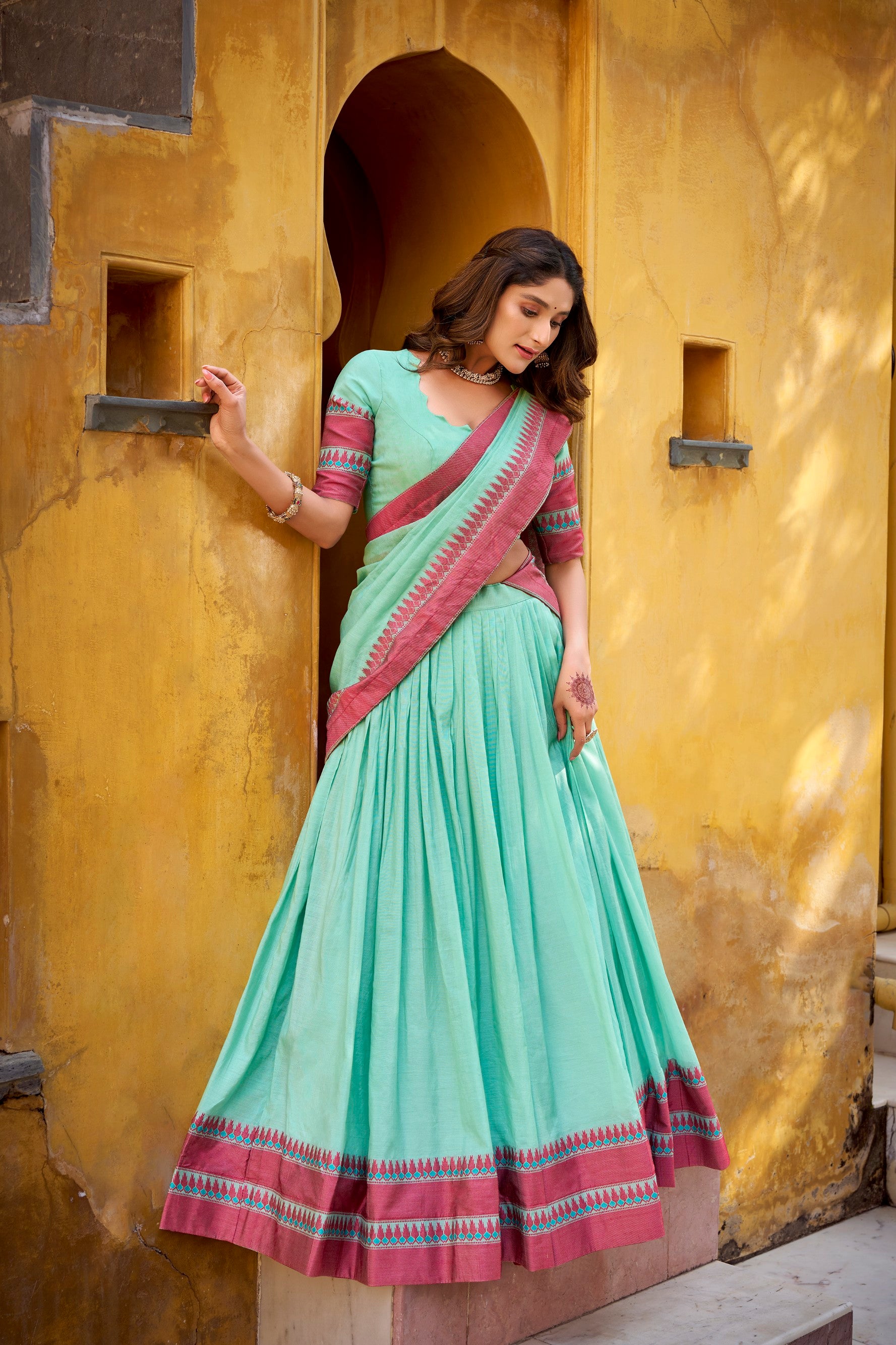 Lorenvalley Fashion Skyblue Pure Chanderi Thread Work Lehenga Choli with Dupatta - Distacart