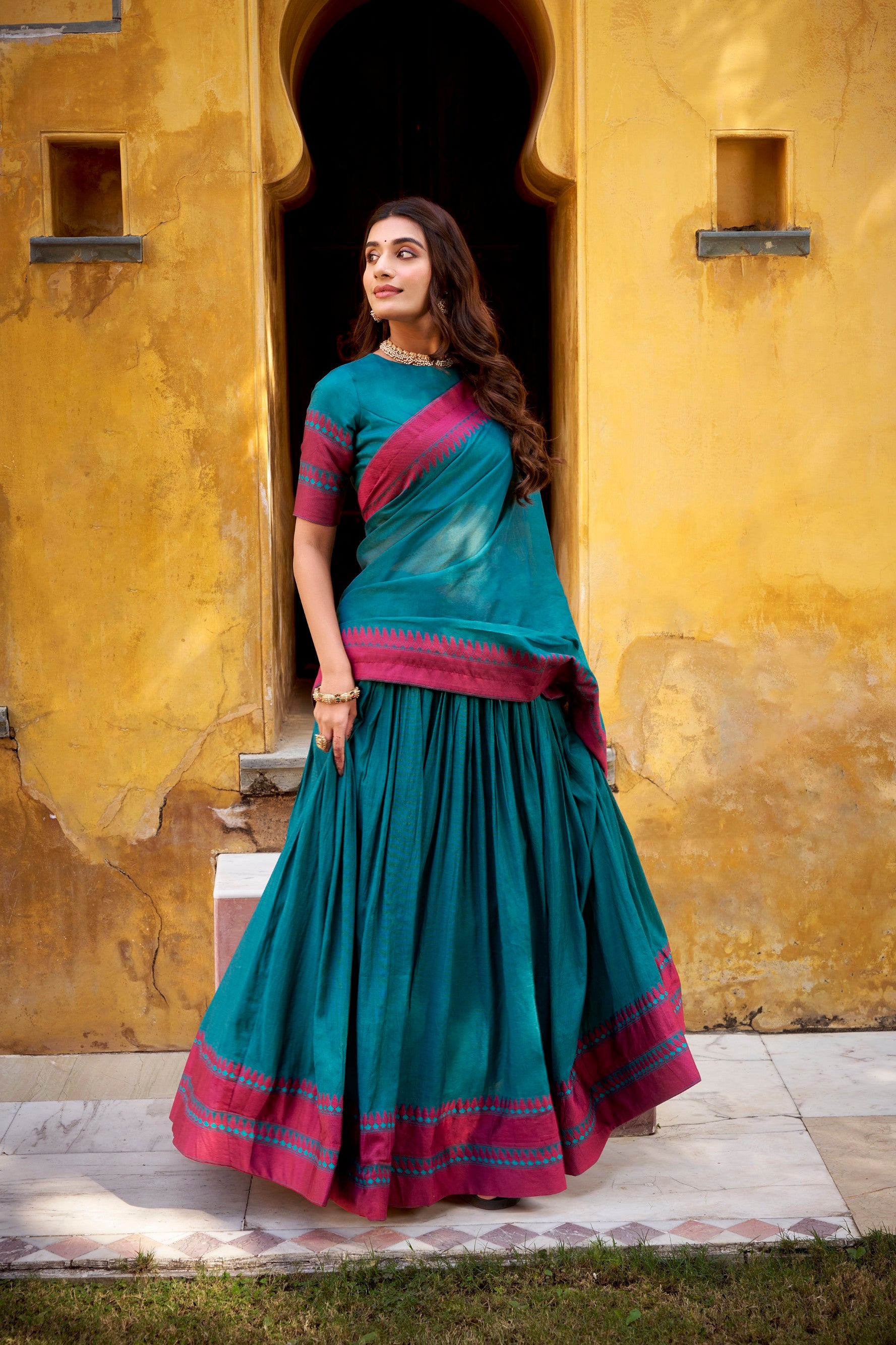 Lorenvalley Fashion Teal Pure Chanderi Thread Work Lehenga Choli with Dupatta - Distacart