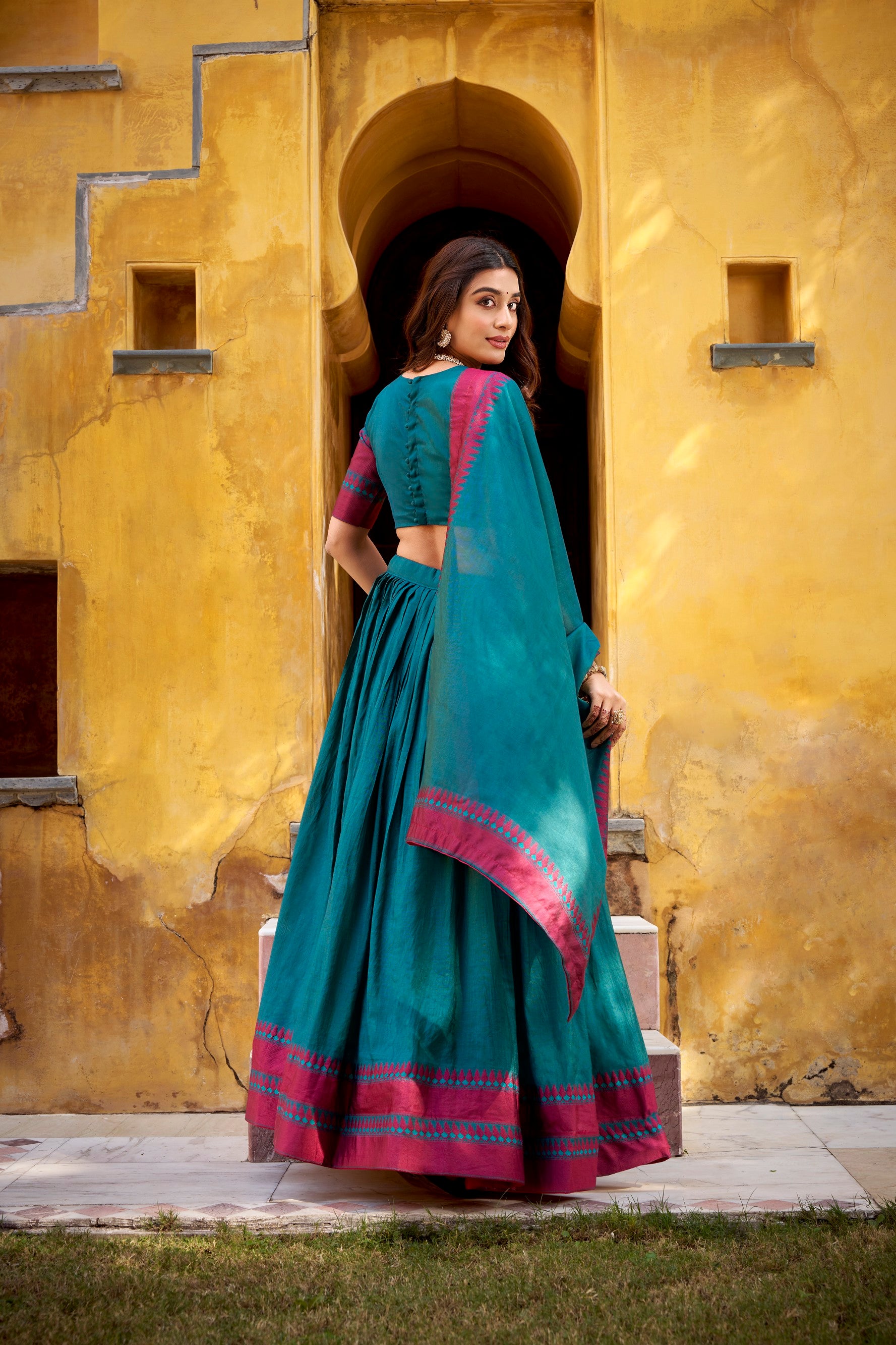 Lorenvalley Fashion Teal Pure Chanderi Thread Work Lehenga Choli with Dupatta
