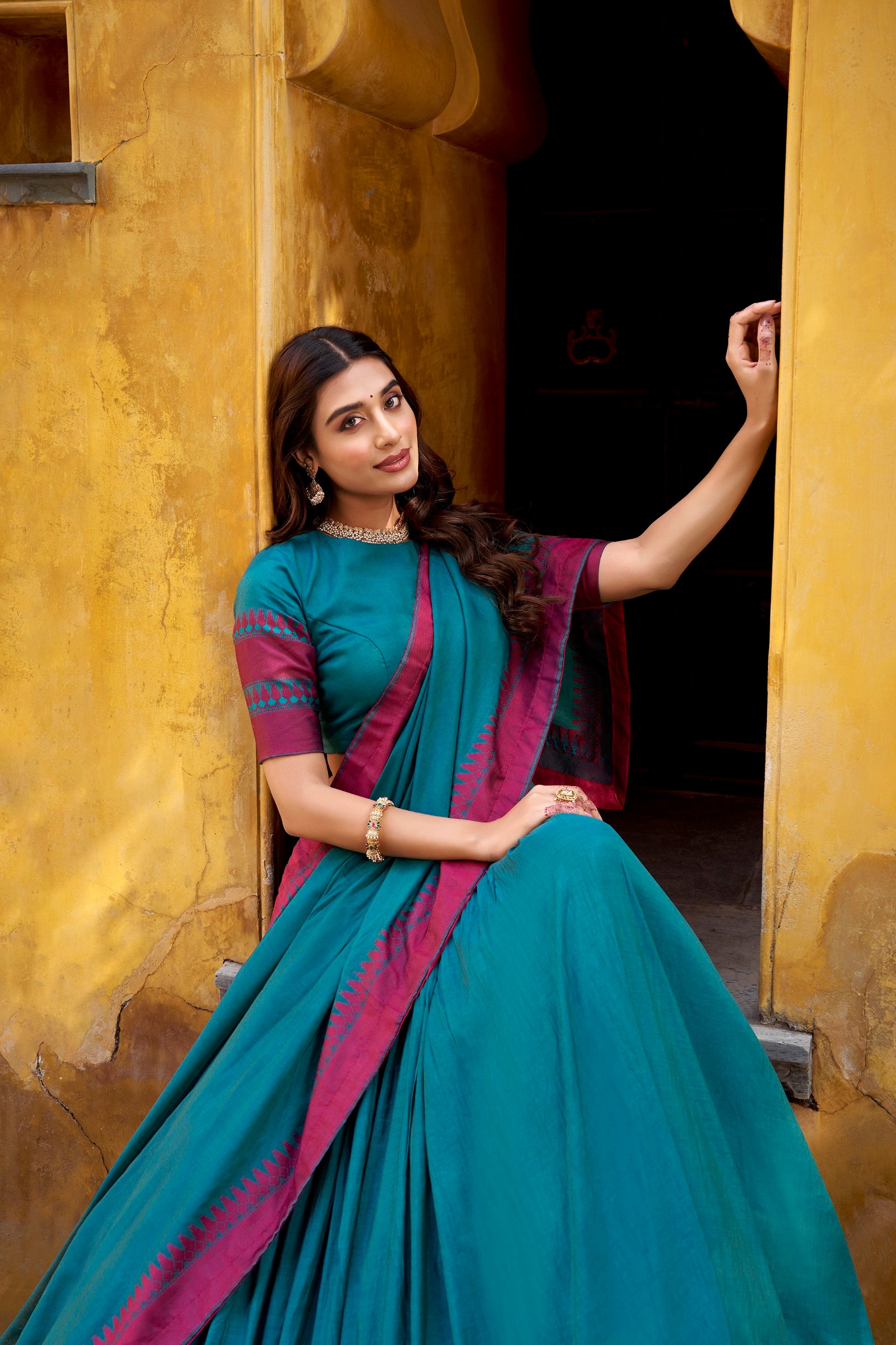 Lorenvalley Fashion Teal Pure Chanderi Thread Work Lehenga Choli with Dupatta