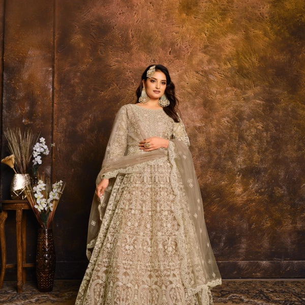 Anaita Mehendi Embroidered Net Anarkali Suit - Distacart