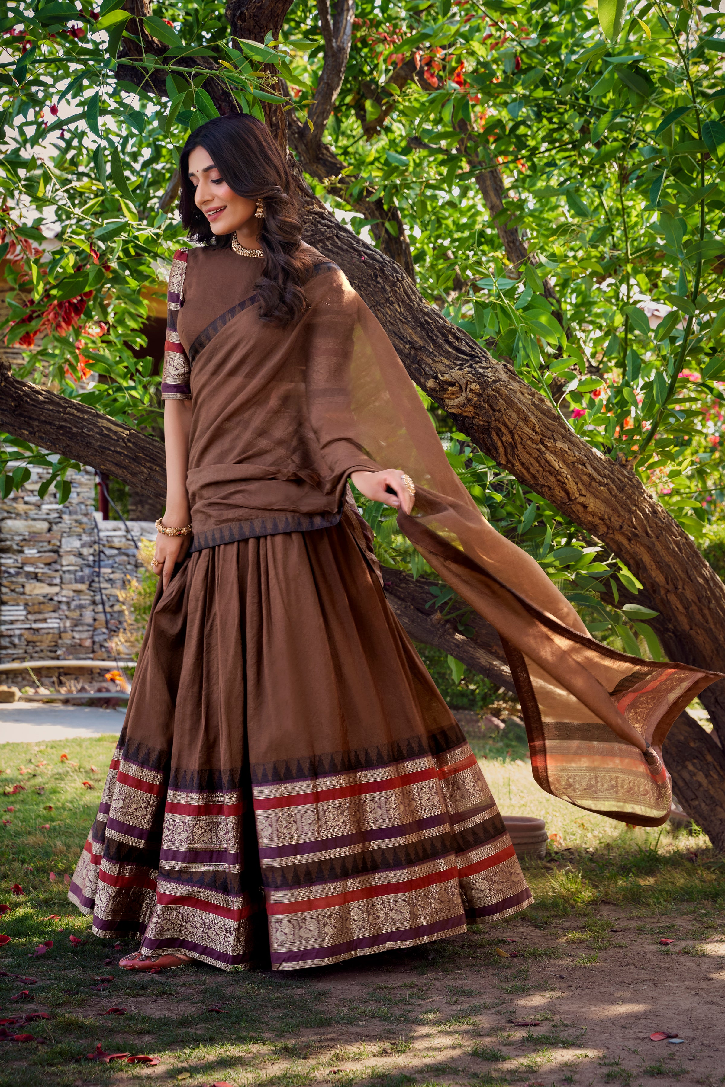 Lorenvalley Brown Pure Chanderi Plain With Zari Weaving Work Border Lehenga Choli with Dupatta - Distacart