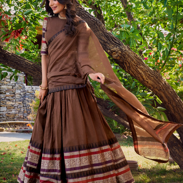 Lorenvalley Brown Pure Chanderi Plain With Zari Weaving Work Border Lehenga Choli with Dupatta - Distacart
