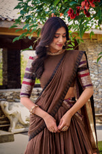 Thumbnail for Lorenvalley Brown Pure Chanderi Plain With Zari Weaving Work Border Lehenga Choli with Dupatta