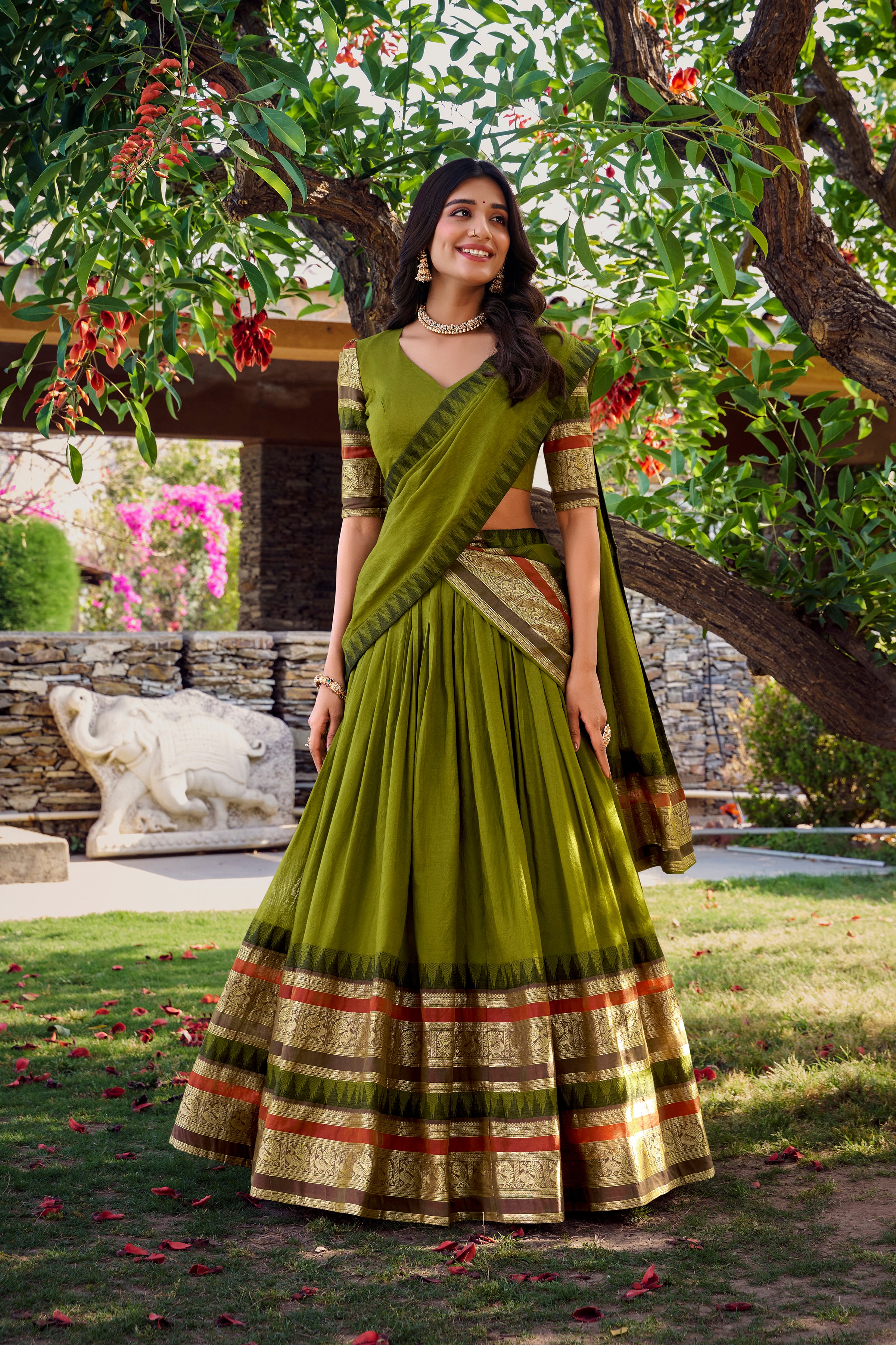 Lorenvalley Mehendi Pure Chanderi Plain With Zari Weaving Work Border Lehenga Choli with Dupatta - Distacart