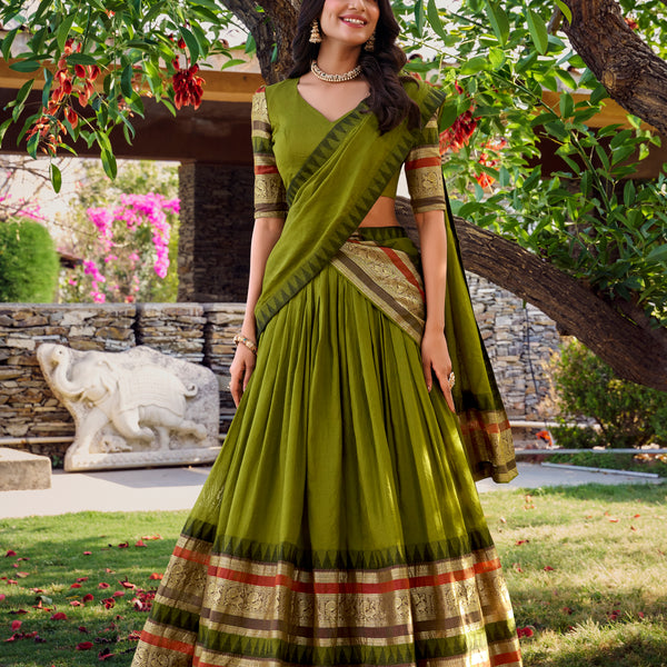 Lorenvalley Mehendi Pure Chanderi Plain With Zari Weaving Work Border Lehenga Choli with Dupatta - Distacart