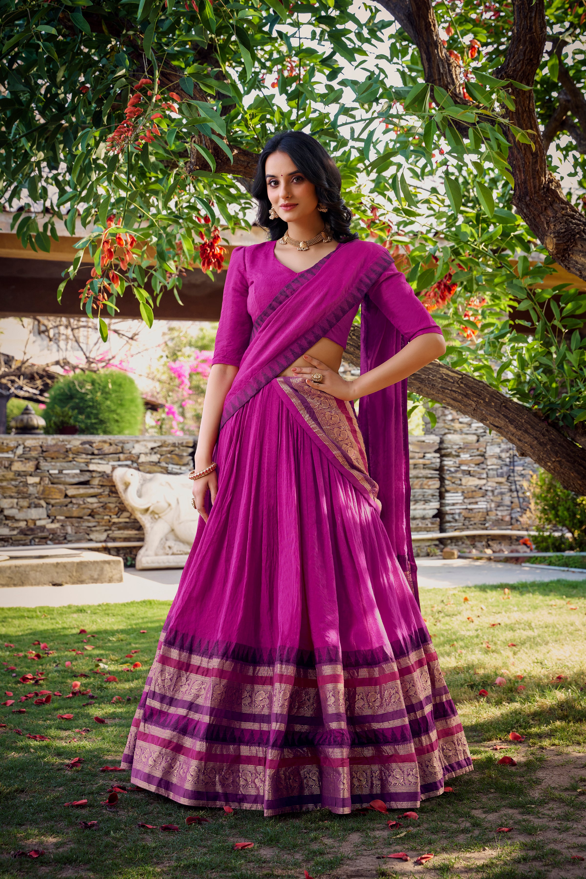 Lorenvalley Magenta Pure Chanderi Plain With Zari Weaving Work Border Lehenga Choli with Dupatta - Distacart