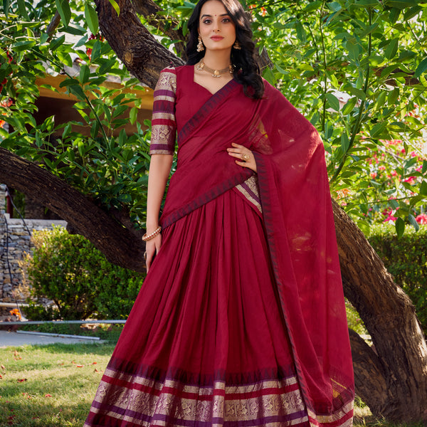 Lorenvalley Maroon Pure Chanderi Plain With Zari Weaving Work Border Lehenga Choli with Dupatta - Distacart