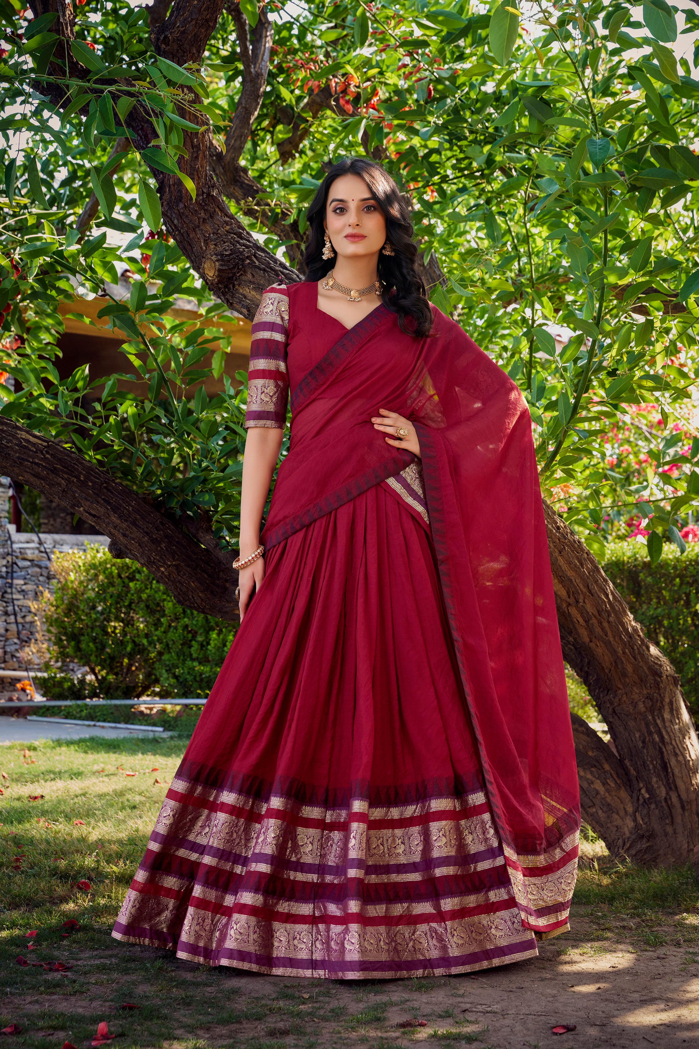 Lorenvalley Maroon Pure Chanderi Plain With Zari Weaving Work Border Lehenga Choli with Dupatta - Distacart
